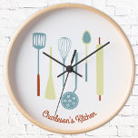 Retro Kitchen Personalized Clock<br><div class="desc">Fun retro kitchen implements.  Change the name or text to personalize.  Original art by Nic Squirrell.</div>