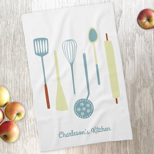 Retro Kitchen Personalized Towel (Retro kitchen utensils personalized kitchen towel with editable text)