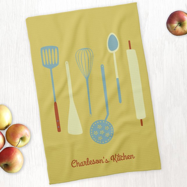 Retro Kitchen Personalized Yellow Towel (Retro kitchen utensils personalized yellow kitchen towel with editable text)