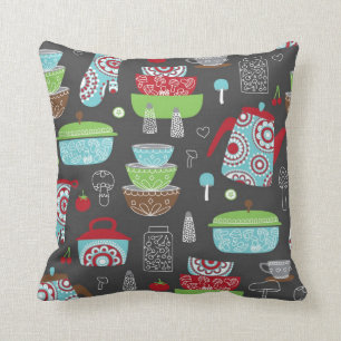 Retro Kitchen Pyrex and Mushroom Pattern Artwork Throw Pillow