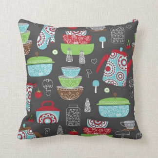 Retro Kitchen Pyrex and Mushroom Pattern Artwork Throw Pillow