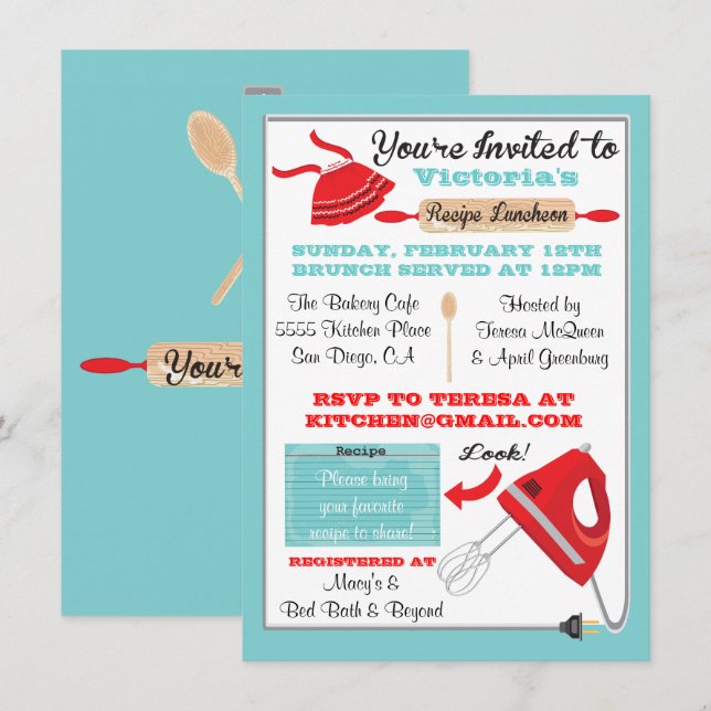 Retro Kitchen Recipe Luncheon Invitations (Front/Back)