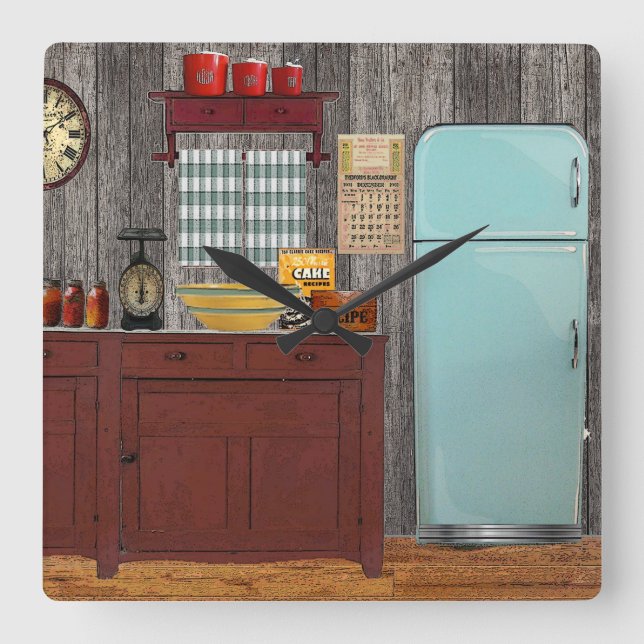 Retro kitchen square wall clock (Front)