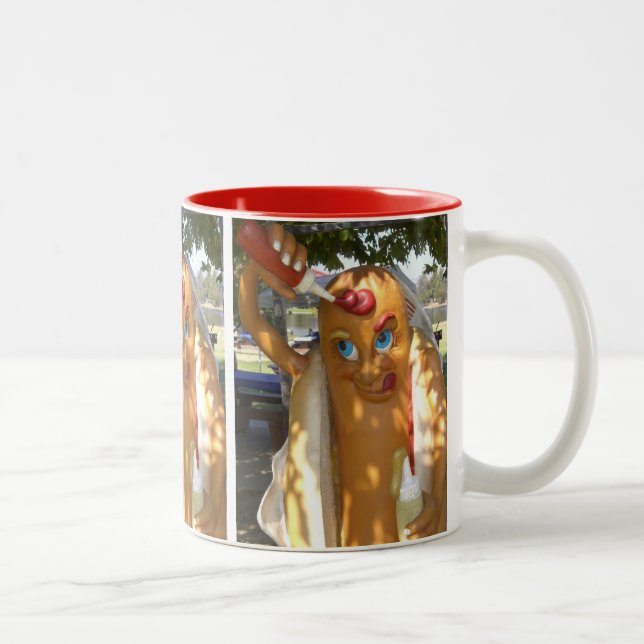 Retro Kitsch Hot Dog Statue Two-Tone Coffee Mug (Right)