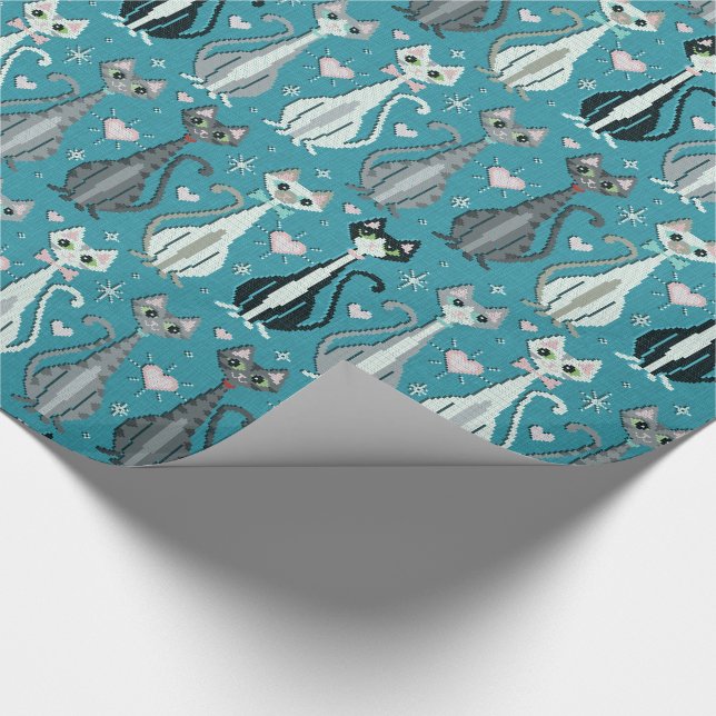 Retro Kitty Cat (faux) Cross Stitch ©studioxtine Wrapping Paper (Corner)