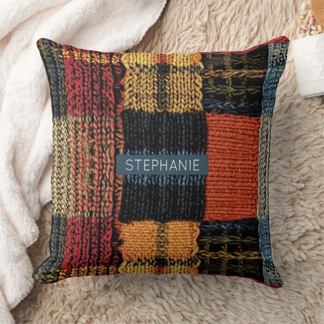 Retro Knit Patchwork - Cozy Autumn Boho Decor Throw Pillow (Blanket)