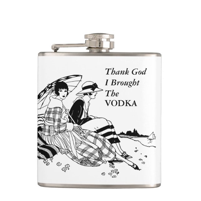 Retro Ladies On Beach Funny Vodka Alcohol Quote Hip Flask (Front)