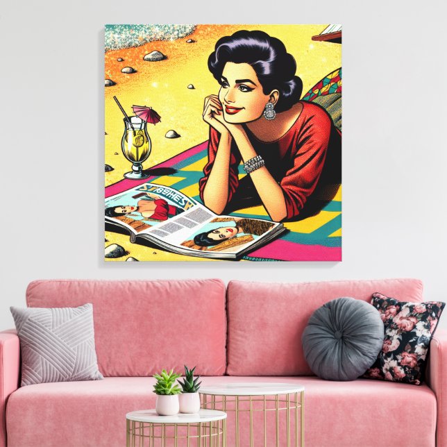 Retro Lady at Beach Daydreaming about Fashion Canvas Print (Insitu(LivingRoom))