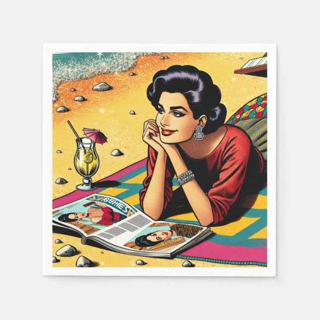 Retro Lady at Beach Daydreaming about Fashion Napkin (Front)