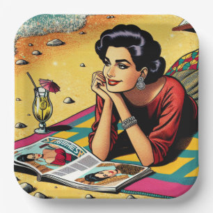 Retro Lady at Beach Daydreaming about Fashion Paper Plate