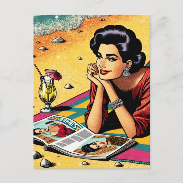 Retro Lady at Beach Daydreaming about Fashion Postcard (Front)