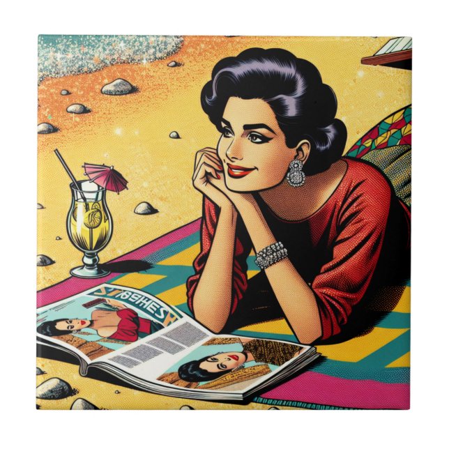 Retro Lady at Beach Daydreaming about Fashion Tile (Front)