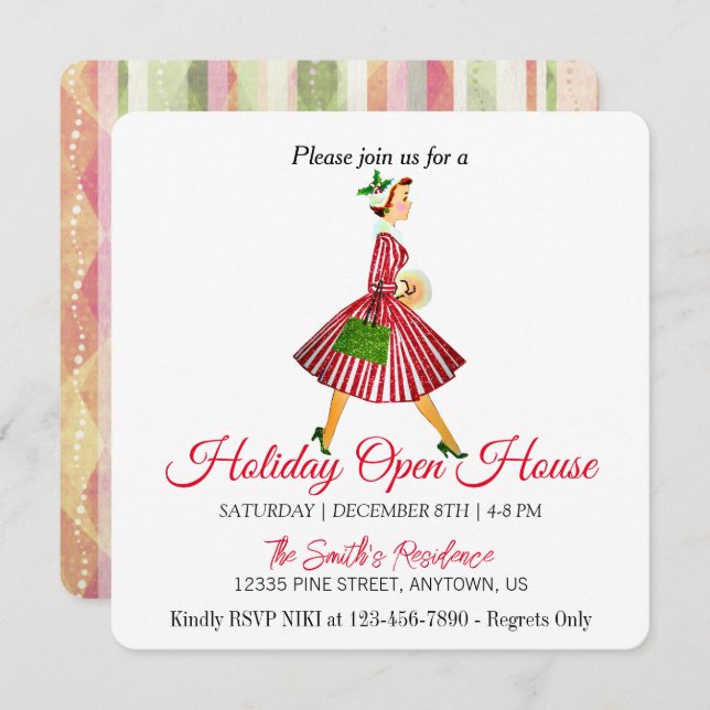 Retro lady  Christmas tree Holiday Card (Front/Back)