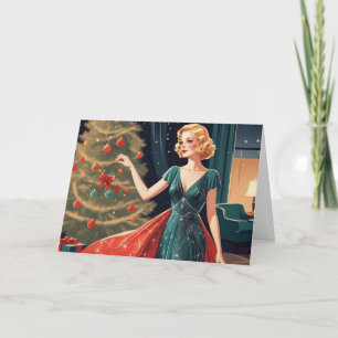 Retro Lady in Pretty Dress, Christmas Tree Holiday Card