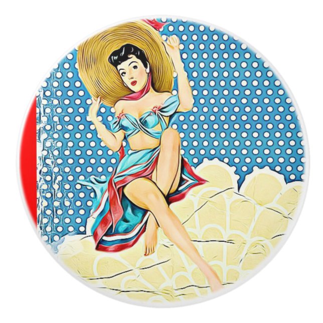 Retro Lady in Sunhat Vintage Ceramic Knob (Front)