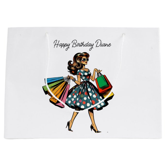Retro Lady Personalized Birthday Large Gift Bag (Front)