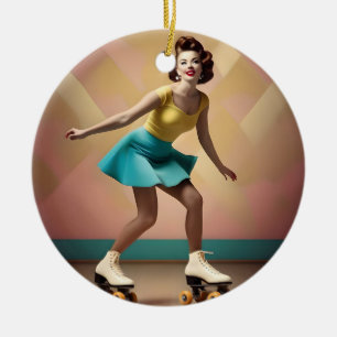 Retro Lady Roller Skating Backwards, Ceramic Ornament