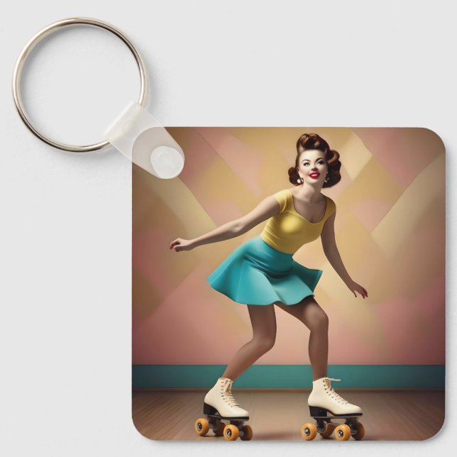 Retro Lady Roller Skating Backwards, Keychain (Front)