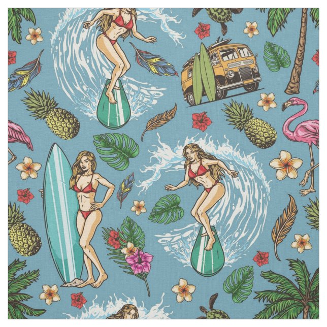 Retro lady surfer pattern fabric (Swatch)