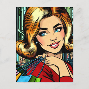 Retro Lady with Shopping Bags Mid Century Postcard