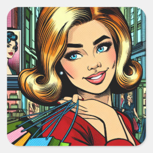 Retro Lady with Shopping Bags Mid Century Square Sticker