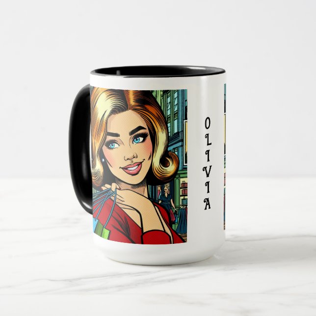 Retro Lady with Shopping Bags Personalized Mug (Front Left)