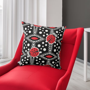 Retro Ladybugs Polka Dot  Red and Black Throw Pillow