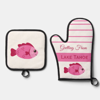 Retro Lake Adventure Pink Fish Vintage Design Oven Mitt & Pot Holder Set