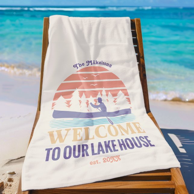 Retro Lake House Family Name Beach Towel (Creator Uploaded)