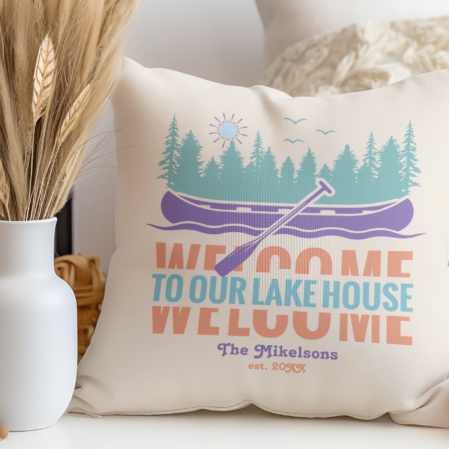Retro Lake House Family Name Throw Pillow (Creator Uploaded)