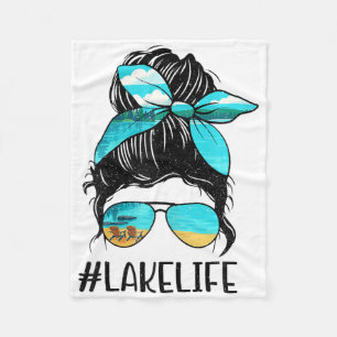 Retro Lake Life Messy Bun Hair Summer Vacation Gir Fleece Blanket