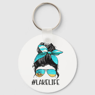 Retro Lake Life Messy Bun Hair Summer Vacation Gir Keychain