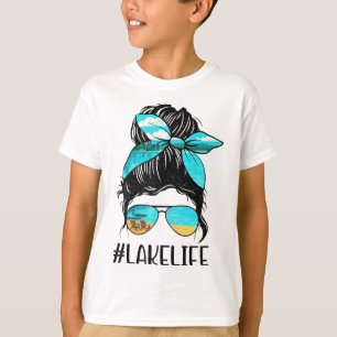 Retro Lake Life Messy Bun Hair Summer Vacation Gir T-Shirt