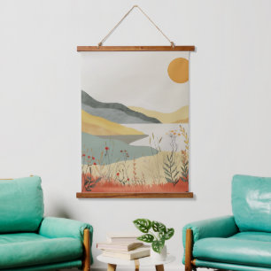 Retro Lakeside Sunset Terracotta Sage Landscape Hanging Tapestry