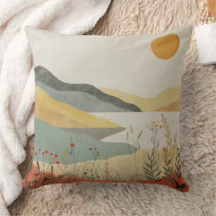 Retro Lakeside Sunset Terracotta Sage Landscape Throw Pillow