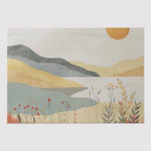 Retro Lakeside Sunset Terracotta Sage Landscape Tissue Paper