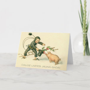Retro Latvian Pig and Chimney Sweep New Year Card