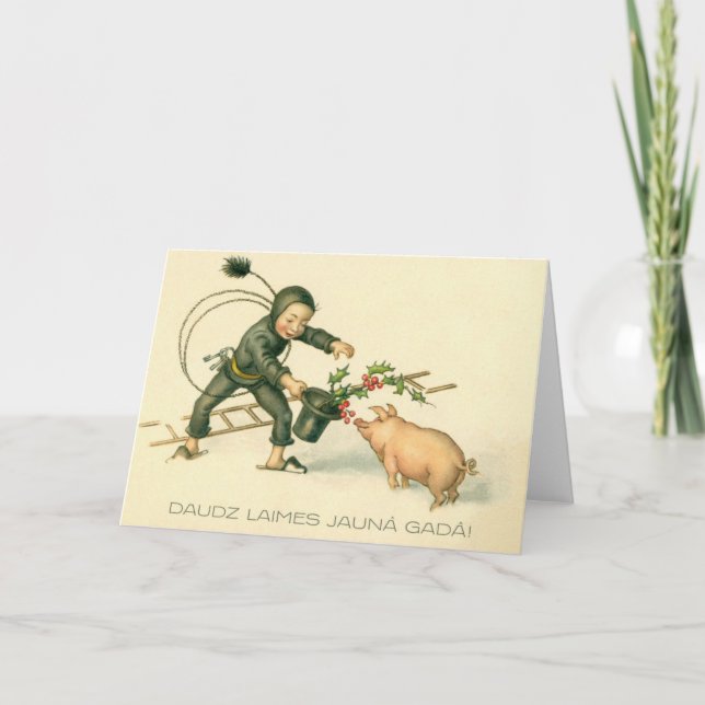 Retro Latvian Pig and Chimney Sweep New Year Card (Front)