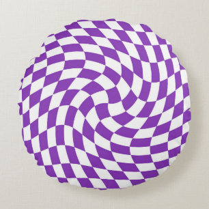 Retro Lavender Purple Checks Warped Chequered Round Pillow