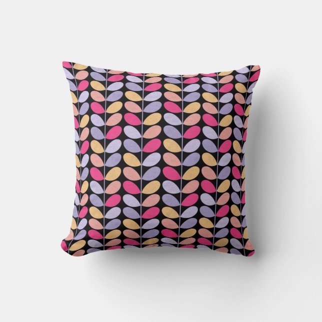 Retro Leaves - Black Throw Pillow (Front)