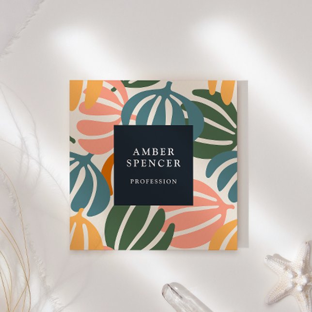 RETRO LEAVES GROOVY BOTANICAL GIRLY SQUARE BUSINESS CARD (Creator Uploaded)