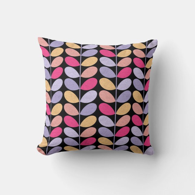Retro Leaves Large Pattern - Black Throw Pillow (Front)