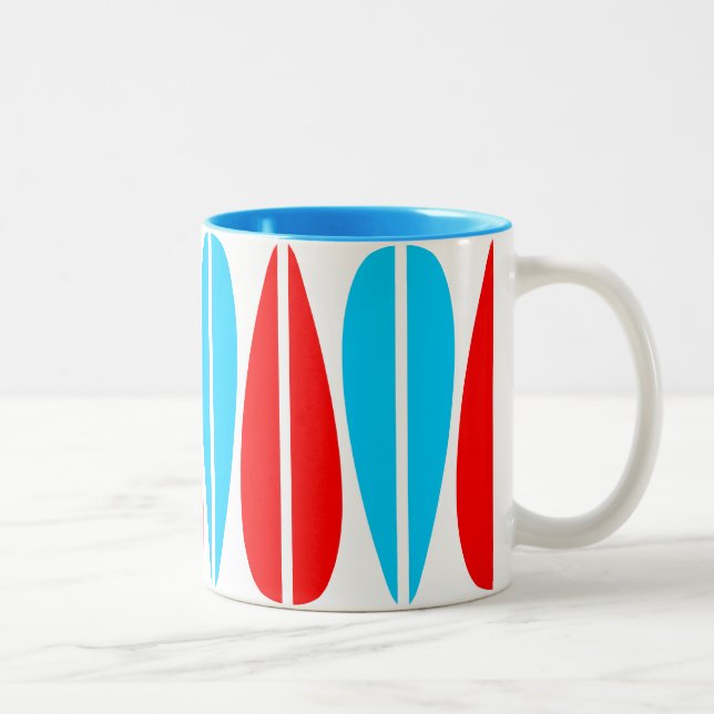 Retro Leaves - Red and Sky Blue Two-Tone Coffee Mug (Right)