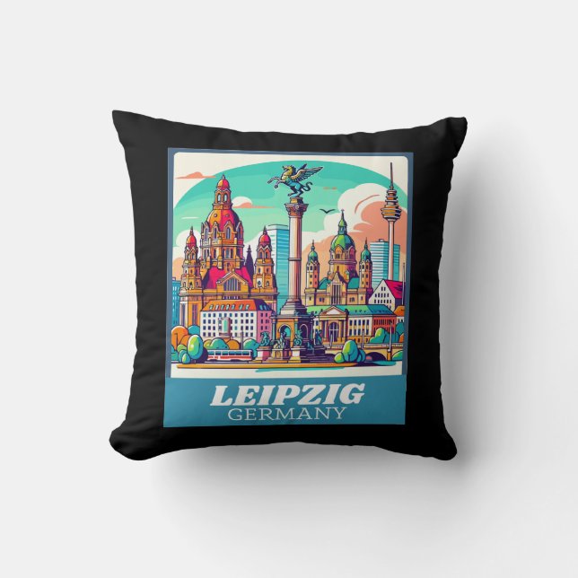 Retro Leipzig Skyline  Throw Pillow (Front)
