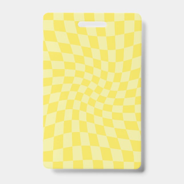Retro Lemon Yellow Pastel Warped Chequerboard   Badge (Front)
