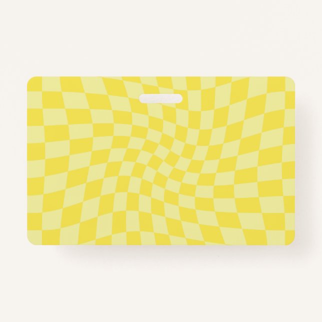 Retro Lemon Yellow Pastel Warped Chequerboard    Badge (Front)