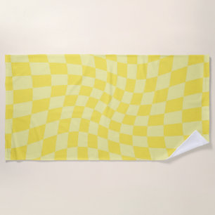 Retro Lemon Yellow Pastel Warped Chequerboard    Beach Towel