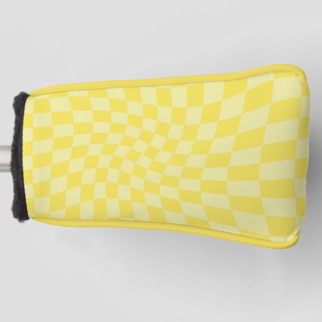 Retro Lemon Yellow Pastel Warped Chequerboard   Golf Head Cover (Front)