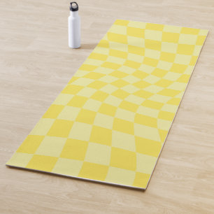 Retro Lemon Yellow Pastel Warped Chequerboard   Yoga Mat