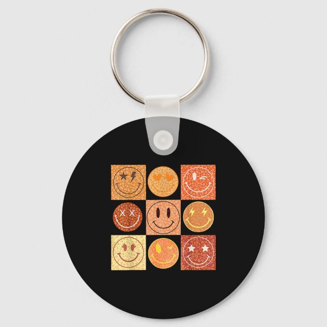 Retro Leopard Happy Face Checkered Pattern Smile F Keychain (Front)
